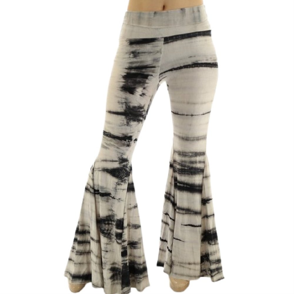 NWOT Black and Ivory Tie Dye Fold Over Waist Bell Bottom Pant